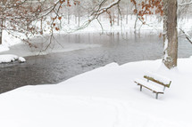 a bench overlooking a lake in winter 