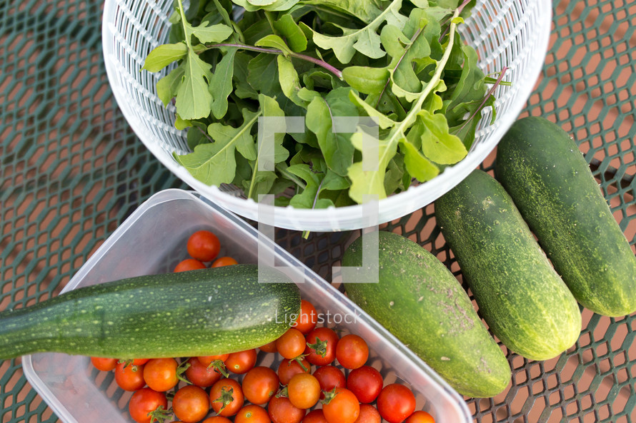 cucumbers, tomatoes, and leafy greens 