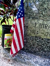 American flag and plant on a tombstone 