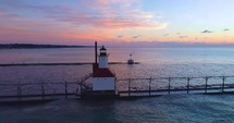 Light House at Sunset. Drone Aerial view Over Lake Michigan