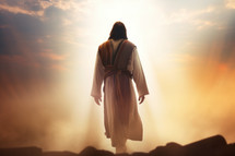 Jesus christ walking victoriously into the dawn  