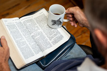 personal Bible study, man, with Bible and coffee 