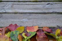 fall leaves on a wood deck 