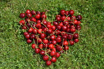 Fresh cherries in a heart shape in the grass.
