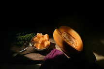 Details of cantaloupe melon, sunrays and shadows