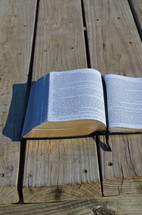 open Bible on a picnic table 