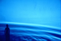 shadow, silhouette, water, water rings, background, blue, man