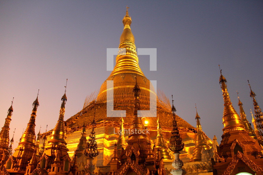 Golden temple spires at Shwedagon Pagoda