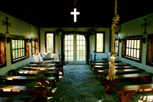 Small  old country Church interior cross benches