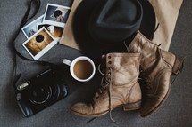 camera, boots, coffee, Polaroids, purse, leather, hat, paper bag, photographer, collection 
