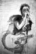 sketch of a musician with a guitar and harmonica 