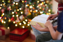 children reading a Bible beside of a Christmas tree