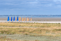 wind sails on a beach shore 
