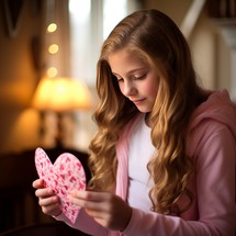Cute little girl holding a heart shaped gift box in her hands.