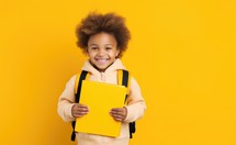 Bible Study. Happy african american schoolgirl with backpack and book on yellow background