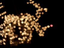 A dazzling array of white Christmas lights appear in the background lighting up the night sky  in the shape of a reindeer with decorative Christmas light bulbs that bring a warmth to the night air.
