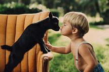 a bare chested toddler boy in suspenders standing in the grass kissing a baby goat 