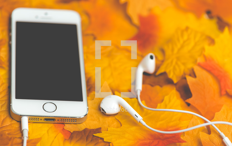 earbuds and iPhone on fall leaves 