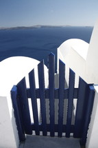 blue picket fence gate