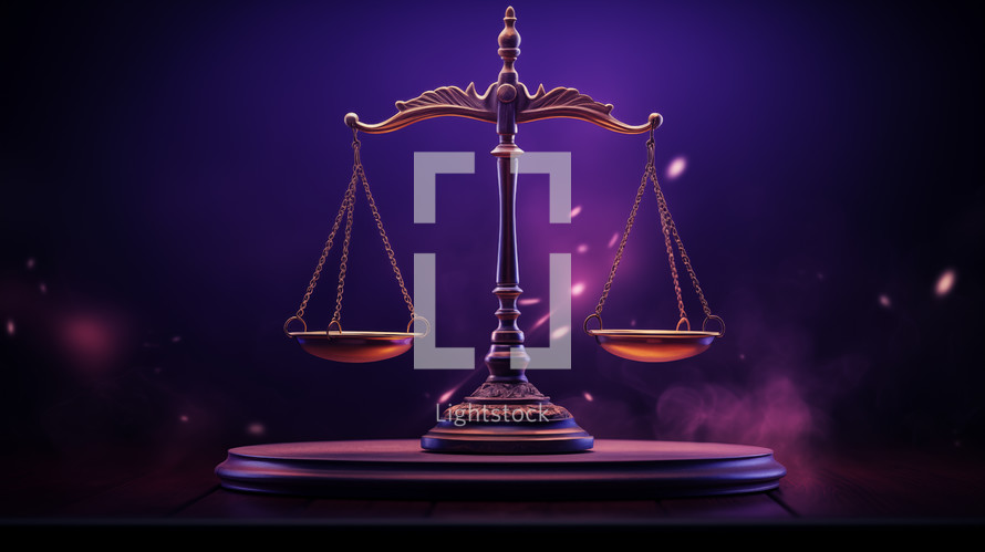 Law scales with dramatic purple background. Justice concept. 