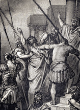 Artwork depicting Paul  being rescued.