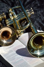 trumpets on a Bible open to the book of Revelation.  