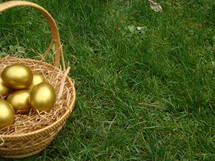 Golden Easter eggs in a basket in the grass.
