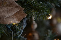 burlap and Christmas lights on a Christmas tree