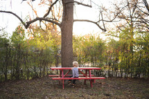 a toddler boy sitting on a picnic bench outdoors 