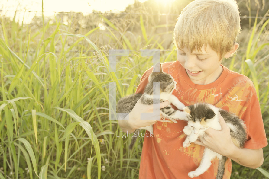 Boy holding kittens in a field