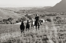 woman riding a horse and leading other horses up hillside ranch, farm country