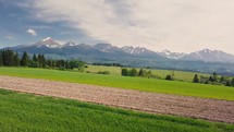 Green farmland with plowed field in rural country in alps mountains in fresh spring nature landscape
