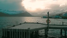 docks and view of snow capped mountains 