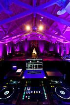 Wedding reception view  DJ station cake lighting celebration party event