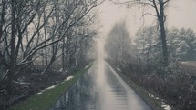 falling snow over a wet road 