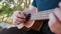 Smiling Boy Plays Ukulele Musical Instrument In An Outdoor Park