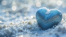 Blue heart on the snow with bokeh background. Valentines day concept.