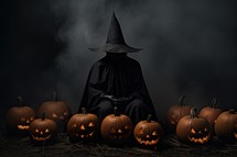 Halloween concept. Man in black death costume with pumpkin on black background