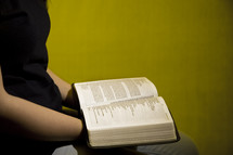  a woman reading a Bible in her lap 