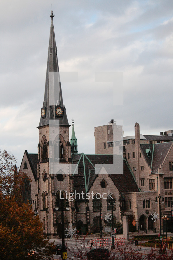 a church with a tall steeple 