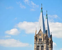 
Richardsonian Romanesque architecture style in twin church steeples; Catholic church of St. Joseph, Joliet, IL
