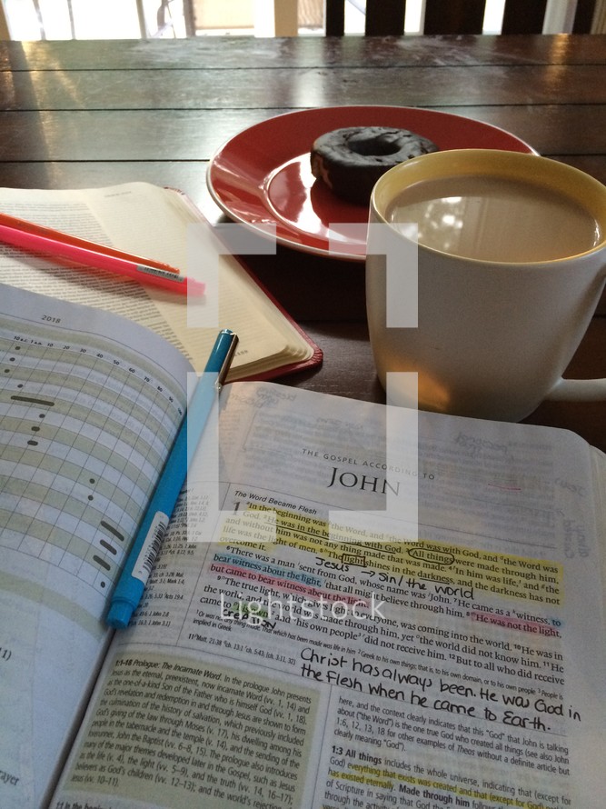 highlighted pages of a Bible, John, coffee and donuts, Bible study 