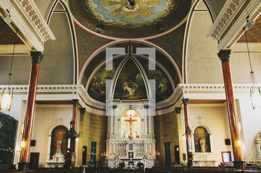 Interior of a domed cathedral.