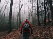 man backpacking in a forest 
