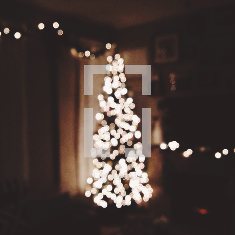 Lights on a Christmas tree in a living room 