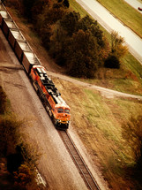 aerial view of a train on the tracks 