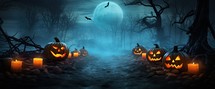 Halloween background with pumpkins, bats and moon, 3d render