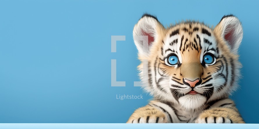 Cute tiger cub smiling and isolated on blue background with copy space