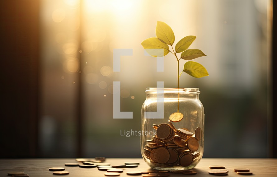 Investment concept plant growing out of coins in a glass jar.