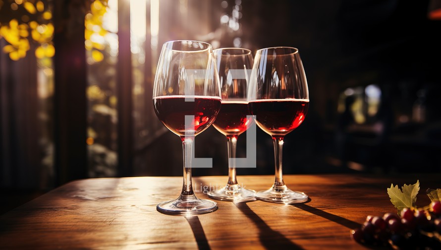 Wineglasses with red wine on a wooden table in a restaurant